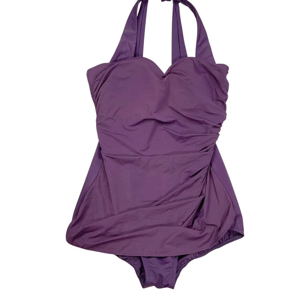 Lands' End 1Pc Swimsuit Womens 12 Purple Goddess Ruched Halter